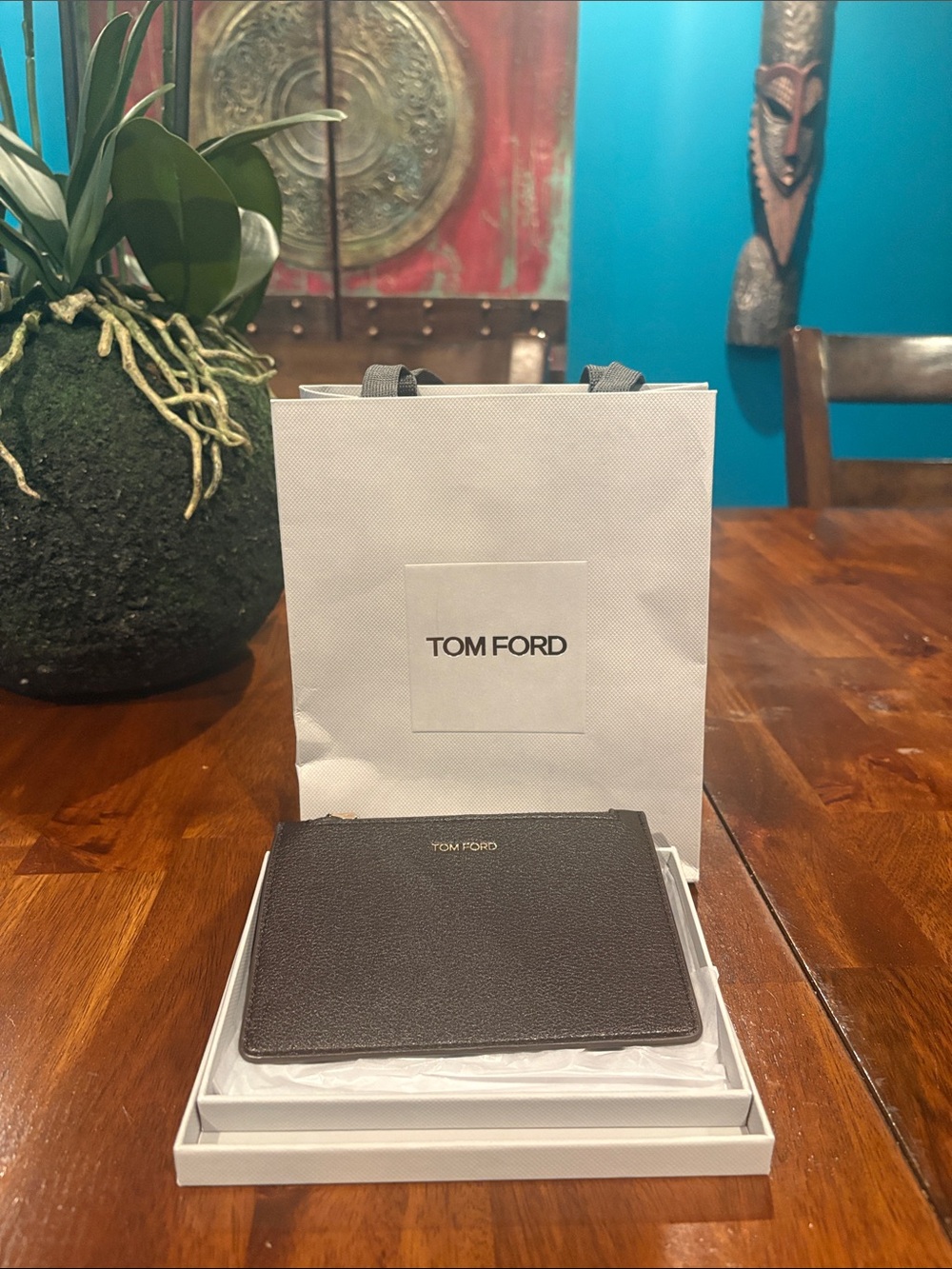 Tom Ford Dark Brown Pebbled Leather Card Sleeve with Gold Logo